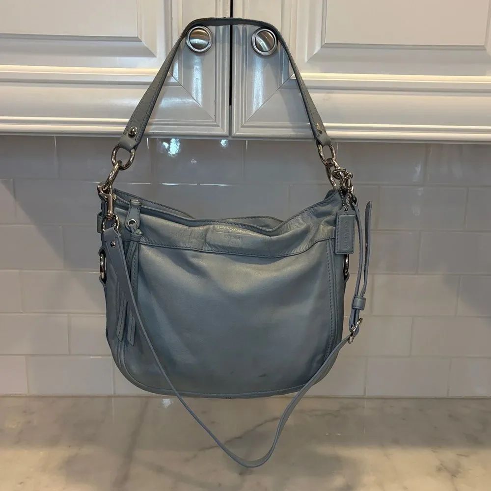 Coach Zoe Hobo Purse Bag Light Blue Leather Silver Hardware Shoulder Crossbody